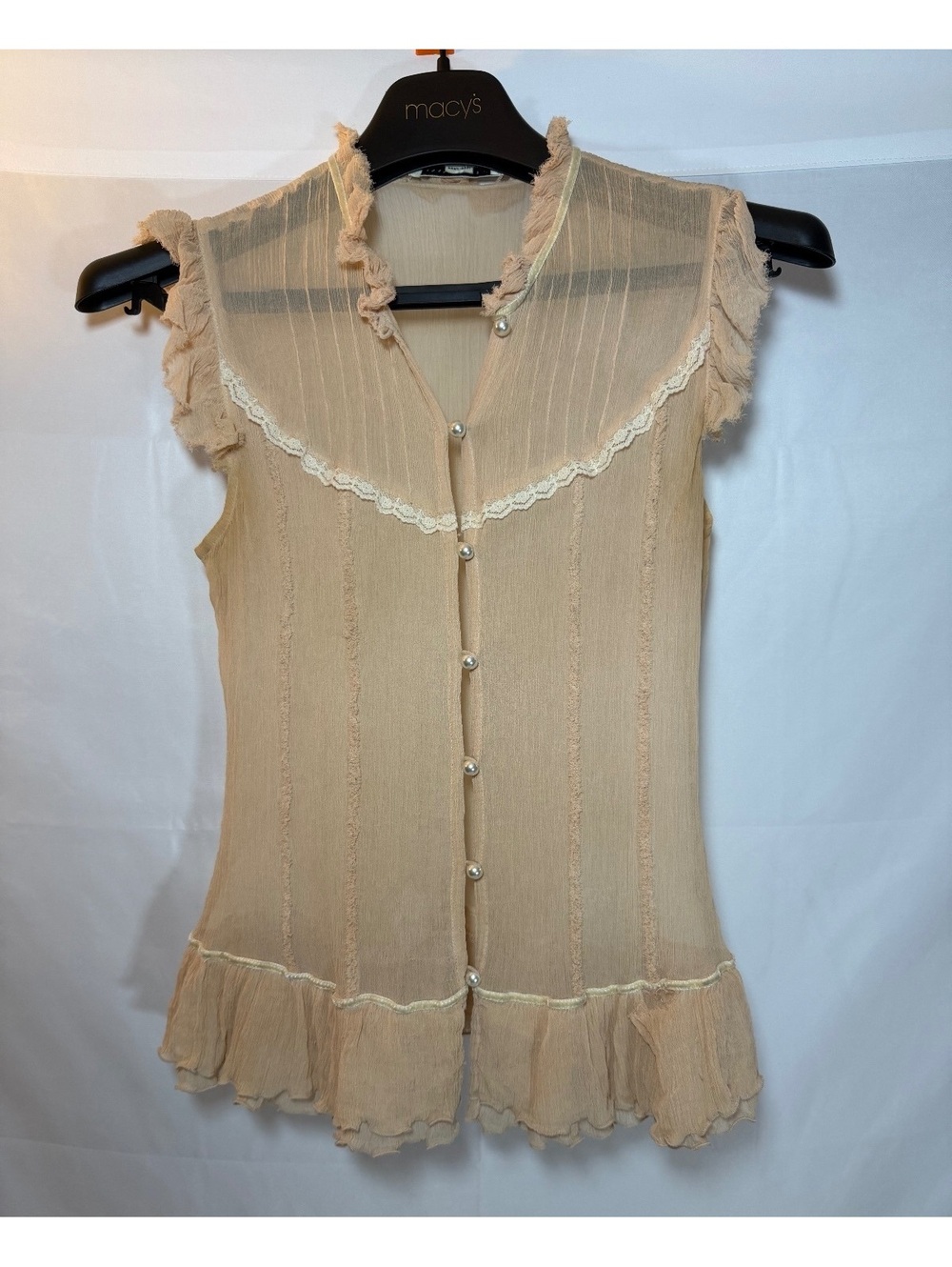 Banana Republic Women's Beige Ruffled Sheer Blouse with Pearl Buttons, Size M